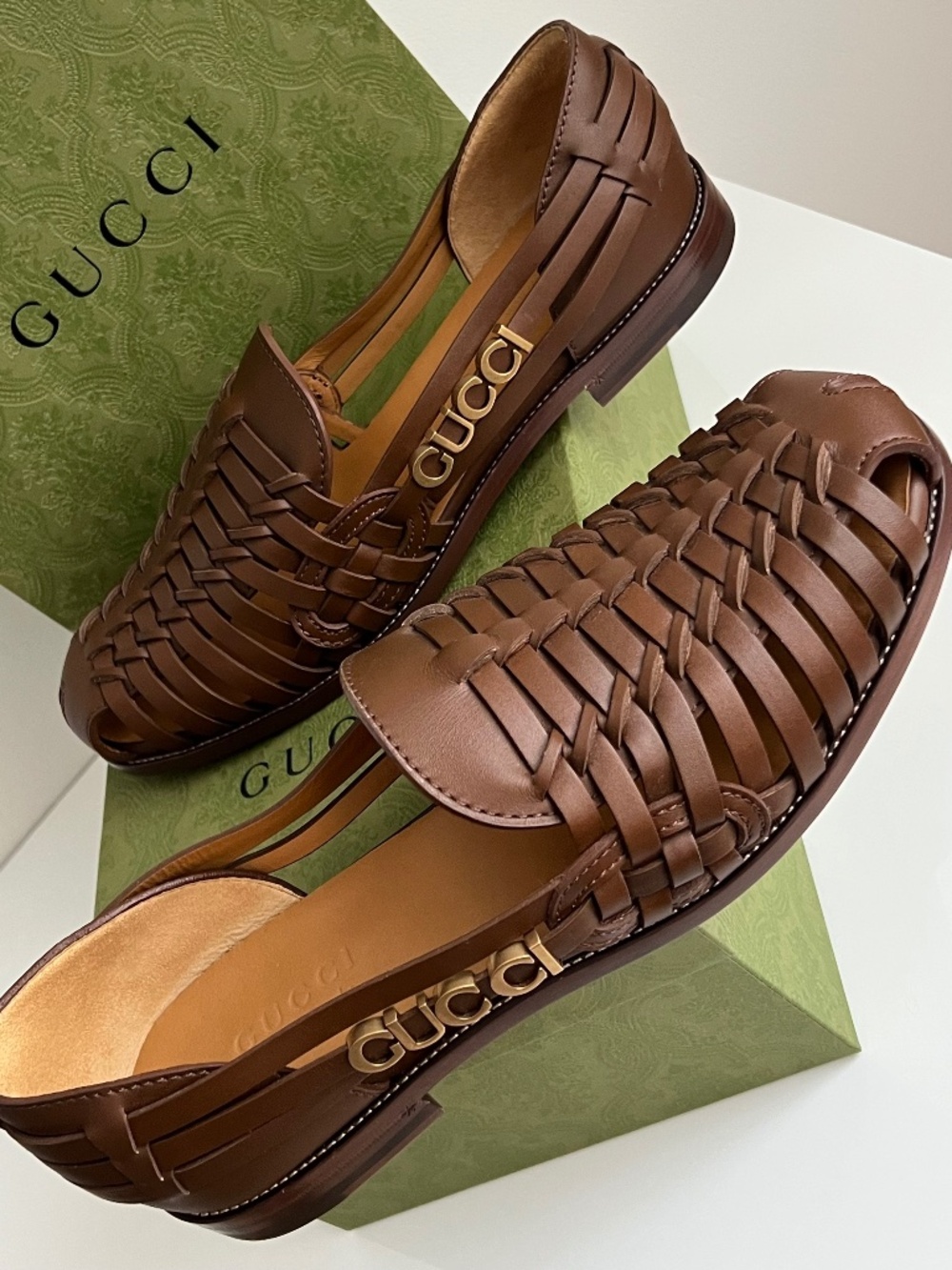 Gucci Men's Sandals Shoes Brown Leather Gold GUCCI Metal Size 8 1/2 US Size9New